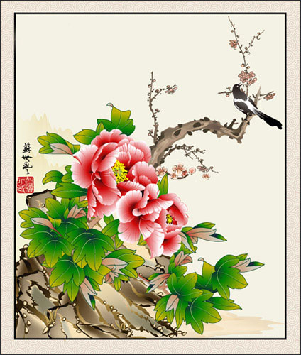 工笔牡丹花喜鹊国画矢量素材