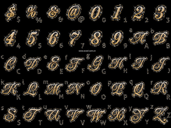 嵌入钻石的英文字母、阿拉伯数字和符号矢量素材