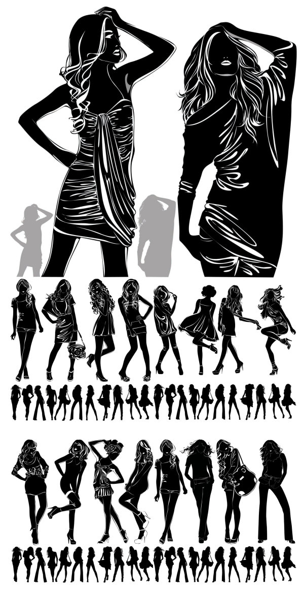 漂亮女孩黑白剪影 矢量素材