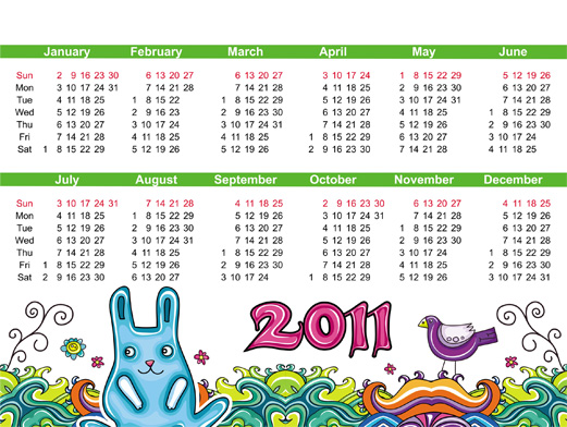 2011年可爱手绘日历矢量素材