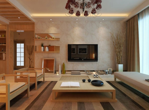 Stylish, modern living room wooden elements in 3D