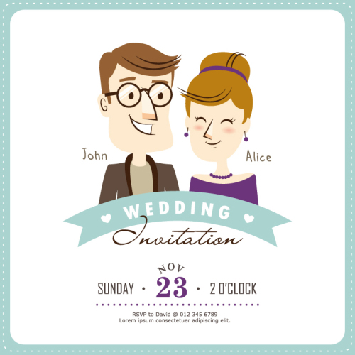 Creative wedding invitation card cartoon characters vector material