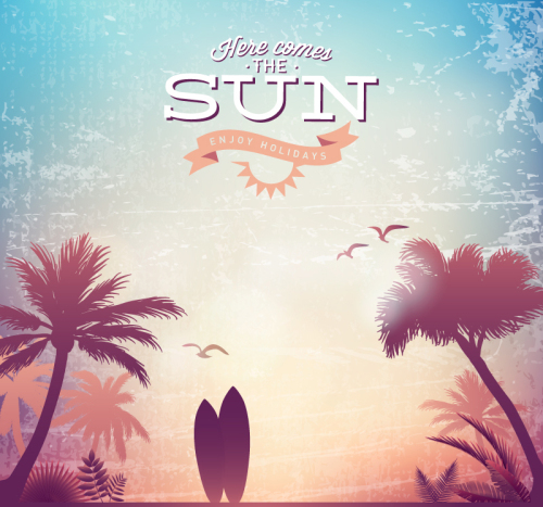 Vintage surfboards and coconut trees posters vector material