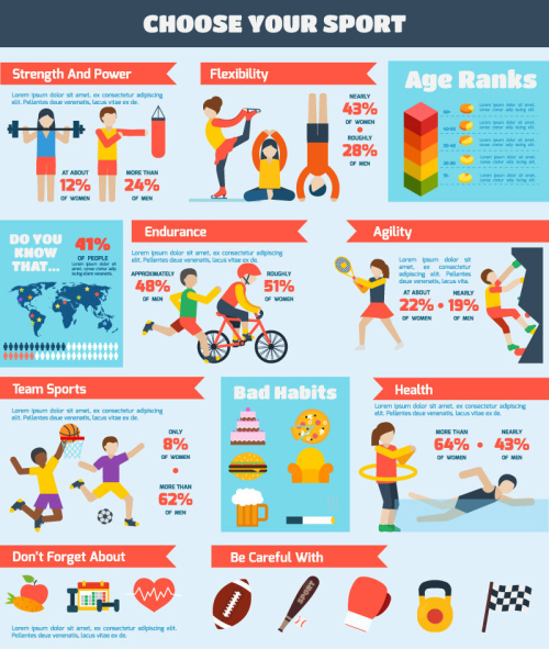 Cartoon sports and fitness information map vector material