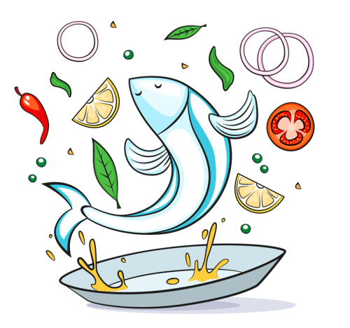 Delicious fish dishes design vector material